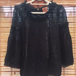 Tory Burch Sheer Black Blouse with Statement Wizard Sleeves